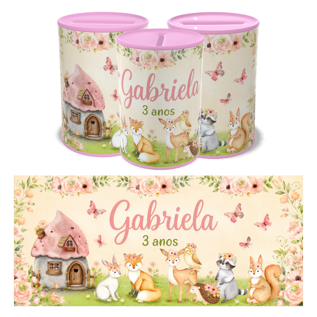 Rótulo Adesivo para Cofrinho Personalizado Bosque Encantado | Aniversário, Mesversário | Qualquer Tema