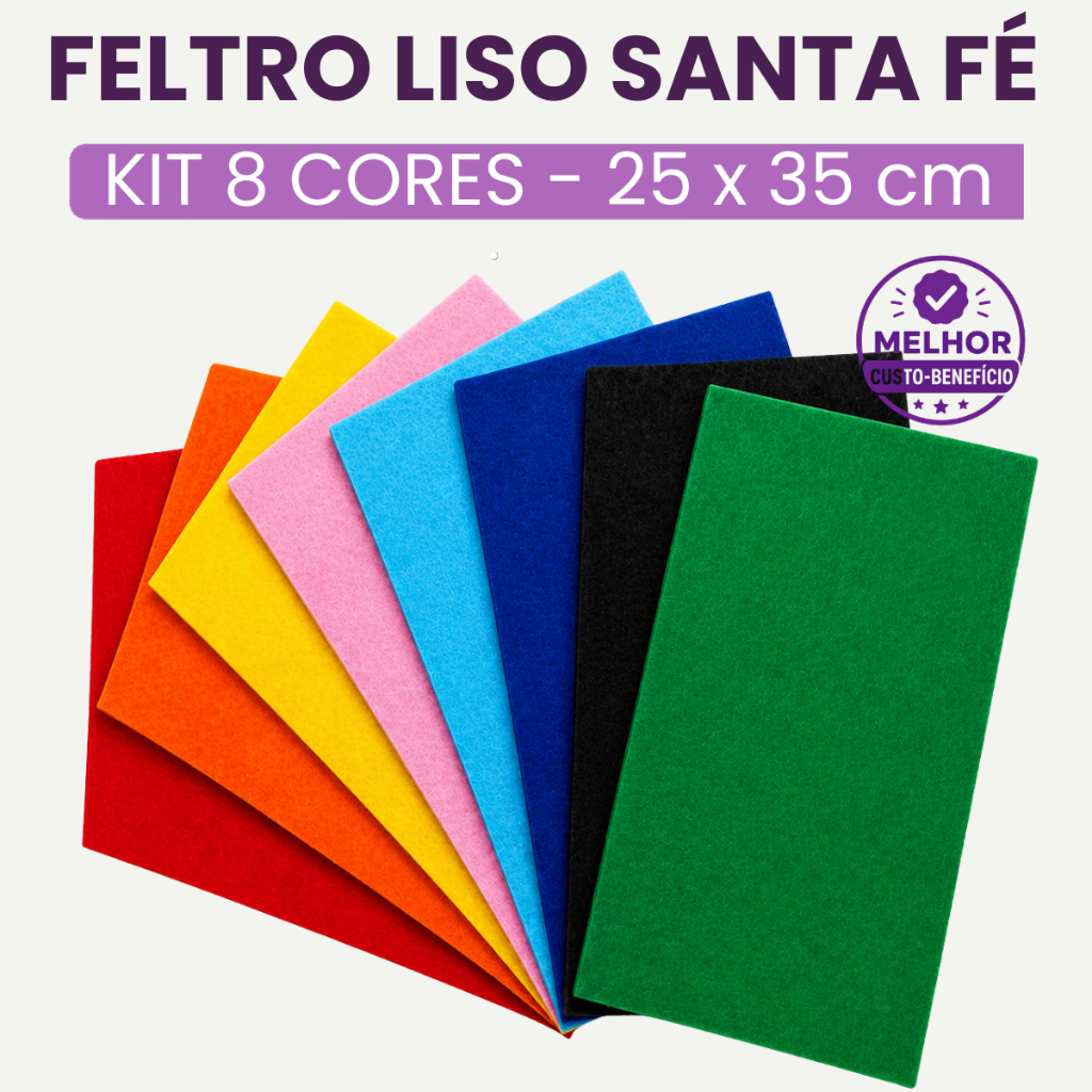 Kit Feltro Liso Santa Fé 25x35cm ou 50x70cm | KIT 8 cores | Retalho tecido Artesanato Decoração DIY