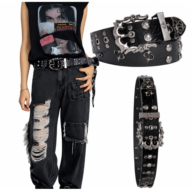 Cinto Unissex Estilo Dark com Fivela de Rebite Vazadoo Y2K Punk para Dia dos Namorados，show