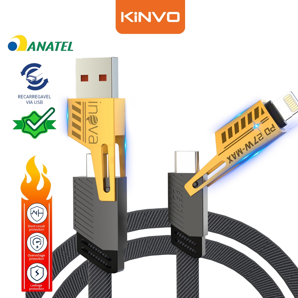 KINVO x INOVA Cabo 4em1 65W Carregamento Rápido Lightning+Type-C Trançado Resistente Compatível iPhone e Android Celular