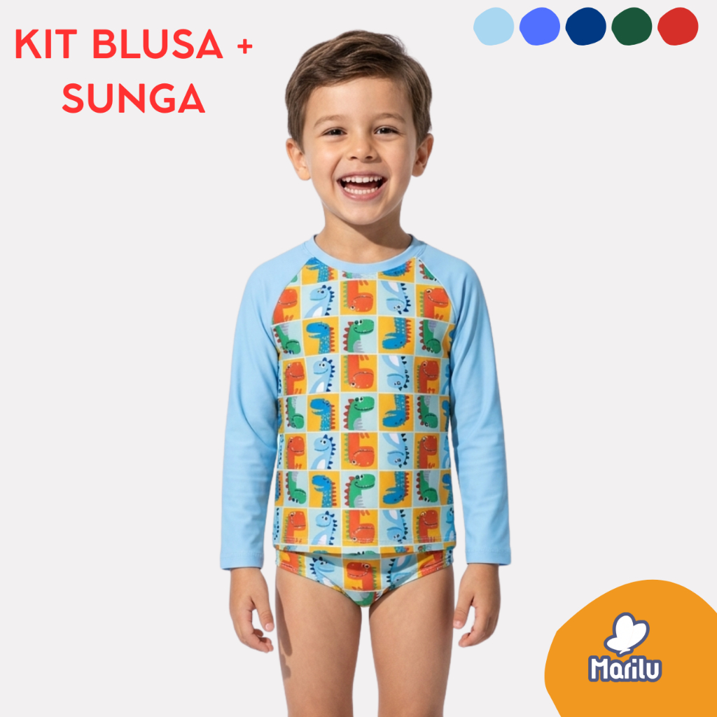 Conjunto de banho praia infantil masculino menino proteção uv camisa e sunga piscina solar natação estampado