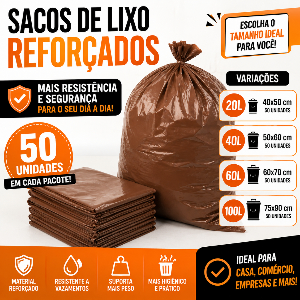 50 Un Sacos de Lixo Resistente Marrom Reforçado 20-40-60-100 Litros (4 Micras) | LevoPlast - Direto da Fabrica