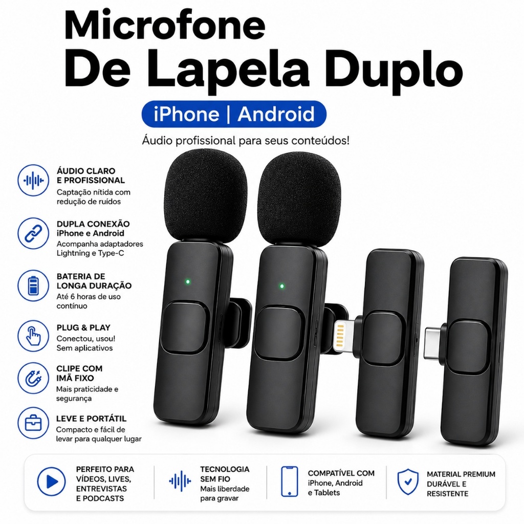 Microfone De Lapela Duplo iPhone Android Longo Alcance Tipo C Lighting Sem Fio Profissional K9