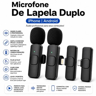 Microfone De Lapela Duplo iPhone Android Longo Alcance Tipo C Lighting Sem Fio Profission…