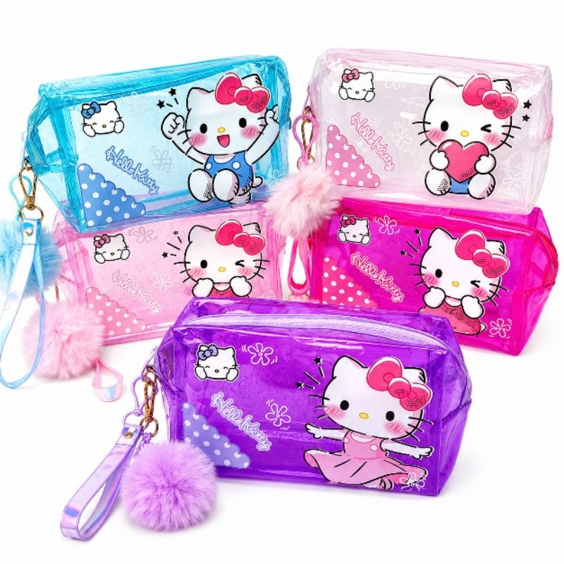 Necessaire Hello Kitty Transparente PVC com Pompom | Estojo Feminino Escolar Maquiagem