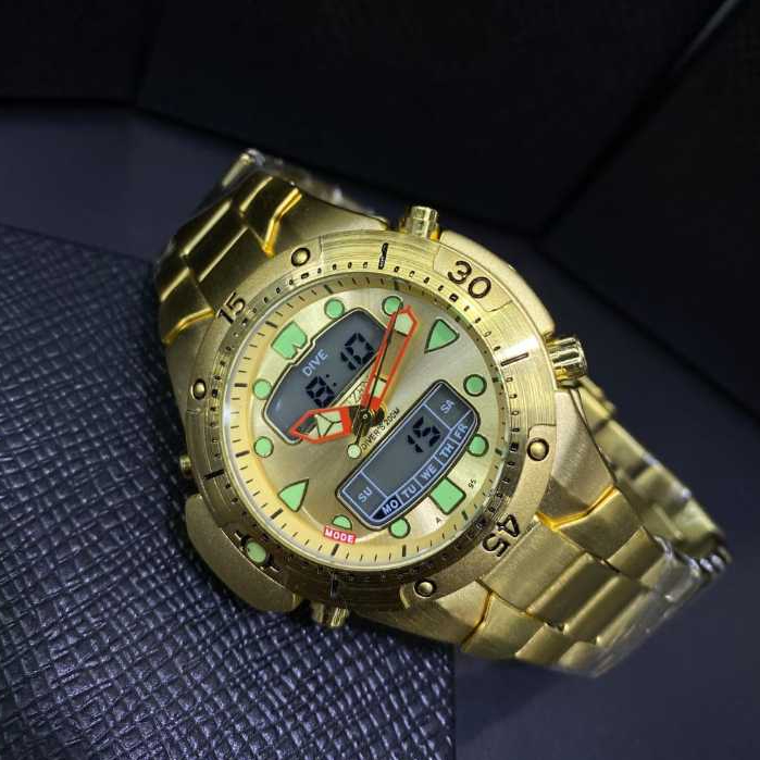 Relógio Aqualand Dourado Fundo Dourado Pro-Master Jp1060 Digital Pulseira de Aço Dourado