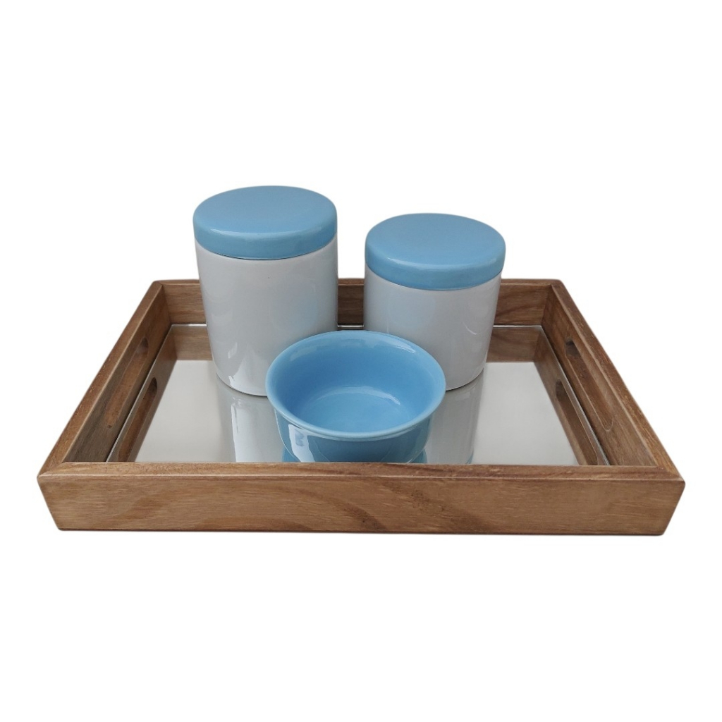 Kit Higiene Bebê Porcelana Tampa Azul com Bandeja Espelhada Multi Uso