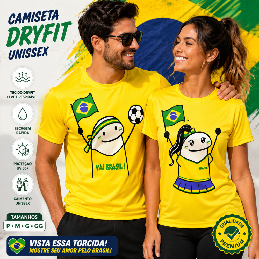 Camiseta Casal Brasil Copa Do Mundo Kit 2 Camisas Vai Brasil Dryfit Premium P ao GG Unissex