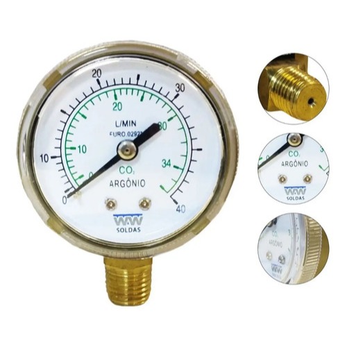 Manômetro para Regulador de Argônio e CO2 Baixa Pressão 0–40 L/min