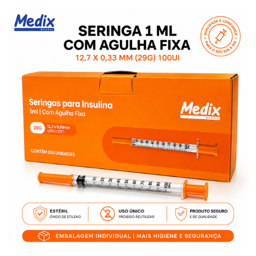 Seringa 1mL 100 UI com Agulha Fixa Fina 12,7 X 0,33 mm (29G)  Insulina Botox | Medix