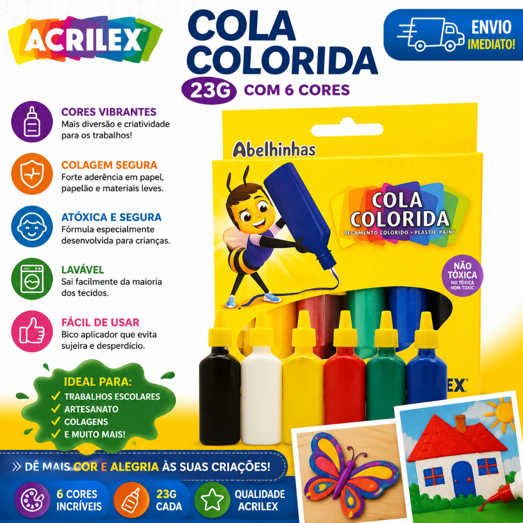 Cola Colorida Acrilex 6 Cores 23g Kit Escolar Artesanato Trabalhos Manuais Sem Glitter