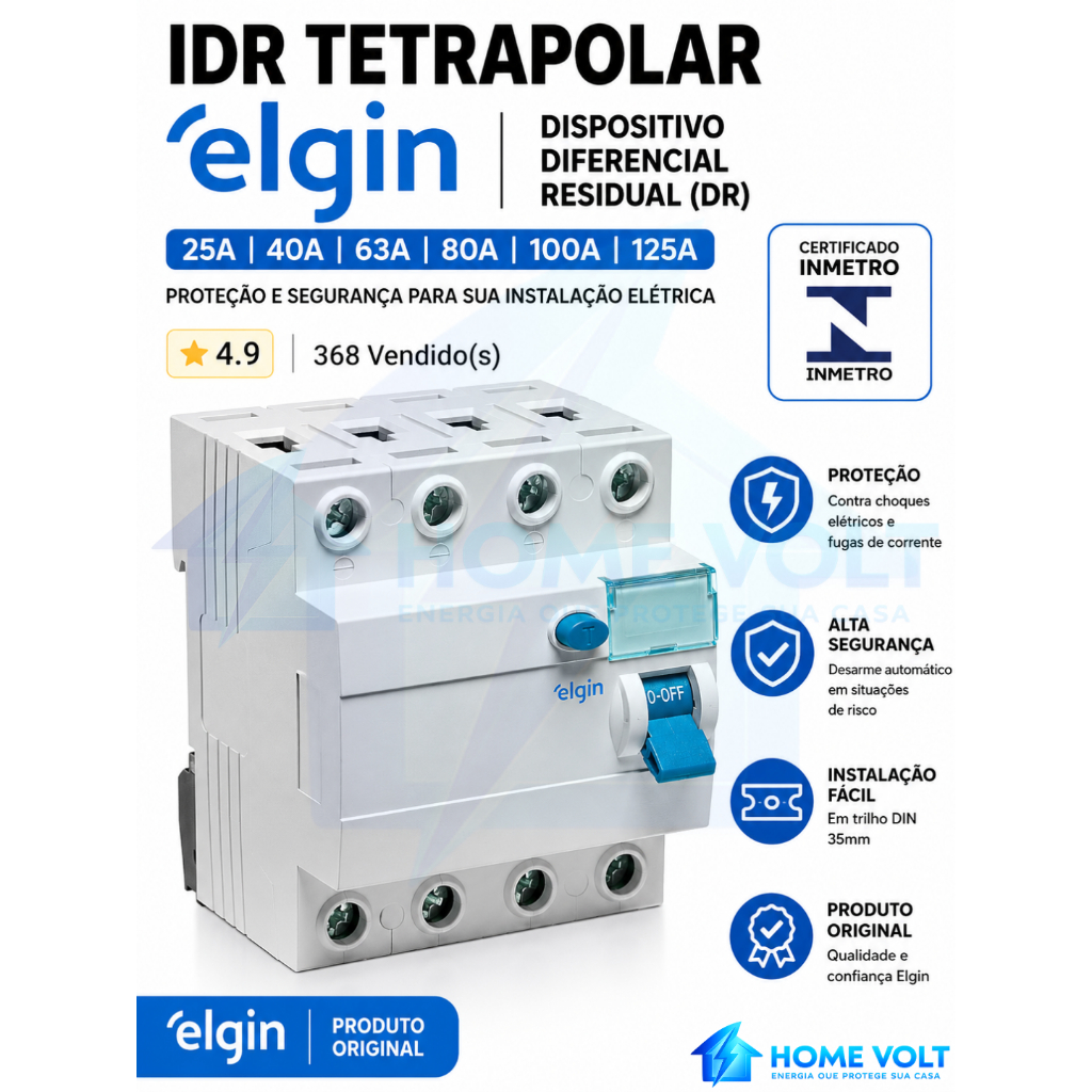 IDR Tetrapolar Elgin 25A 40A 63A 80A 100A 125A DR Diferencial Certificado INMETRO Original Novo top!