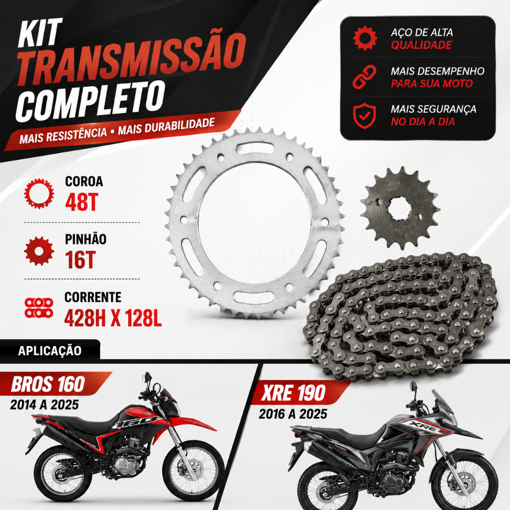 Kit Relação Transmissão tração Bros 160 XRE 190 Corrente Coroa Pinhão Honda