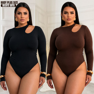 Body manga longa plus size decote gota elegante estiloso bory preto body marrom suplex