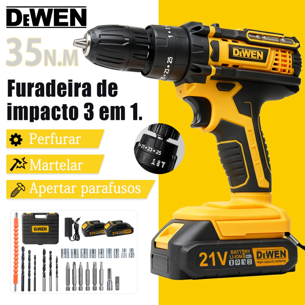 Parafusadeira Furadeira 21V Profissional Bateria Íons de Lítio | Bivolt  Kit de 29 Acessórios e Maleta