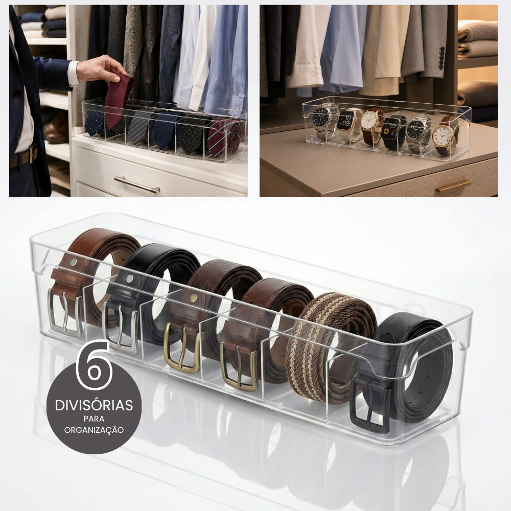 Organizador de Cintos Gravata Relógio 34x10x8 Com 6 Divisórias em Acrílico Para Gavetas e Armário