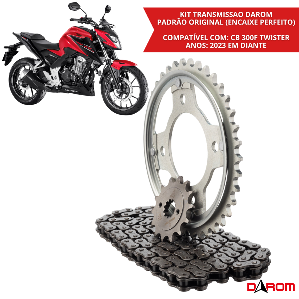 Kit Relação Transmissão Honda CB 300F Twister 2023 a 2026 Corrente Coroa Pinhão 520H 110 Elos 38T 14T Darom