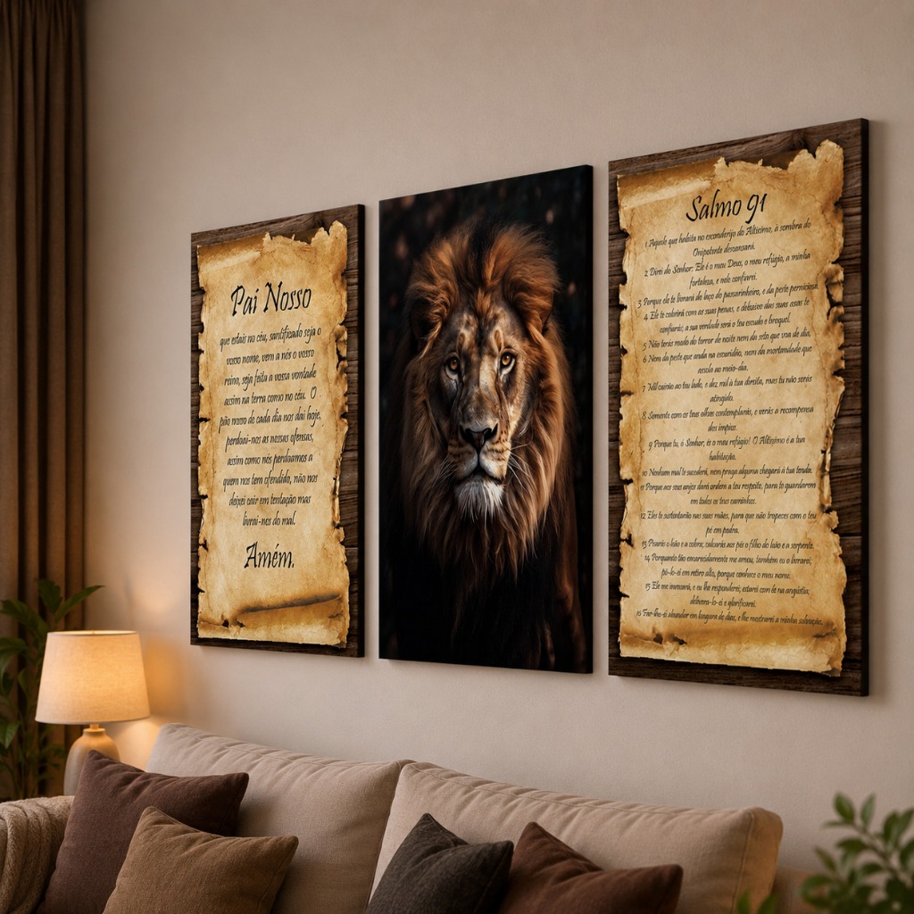 Kit Quadros Decorativos 3 Peças Salmo 91 Pai Nosso Leão de Judá Para Parede Quadro Cristão Para Sala Quarto
