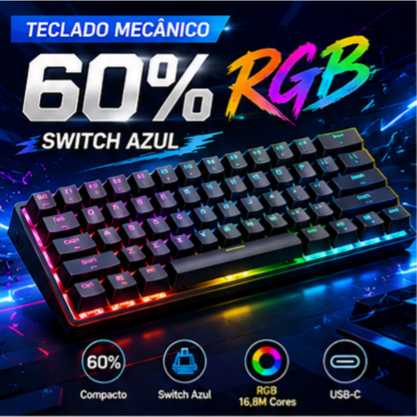 Teclado Mecânico Gamer RGB 60% Switch Azul USB-C Compacto Para PC Notebook PS4 Xbox
