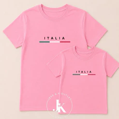 Kit Camisetas Pai e Filho Mãe e filho Itália Rosa bebê, Amarela e Marrom Estilo Casual Conjunto Combinando Exclusivo