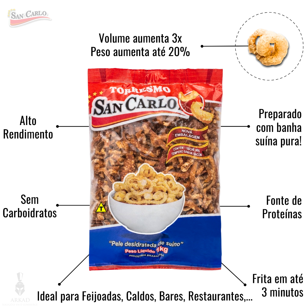 Torresmo desidratado para fritar 250g San Carlo - Pellet de porco suíno pré frito