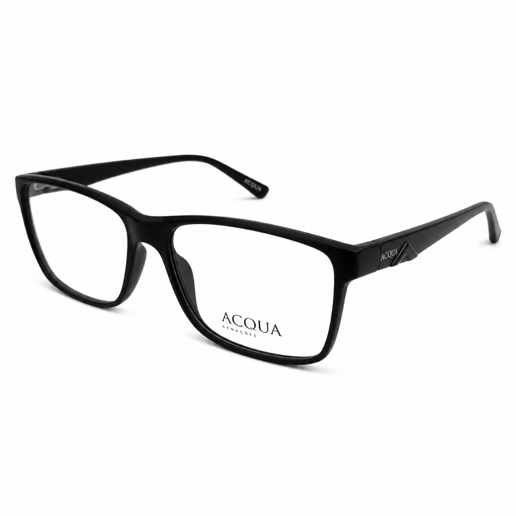 Armação Óculos Grau Acqua 56-17-145 Masculino Retangular Acetato Preto Premium Conforto Leve