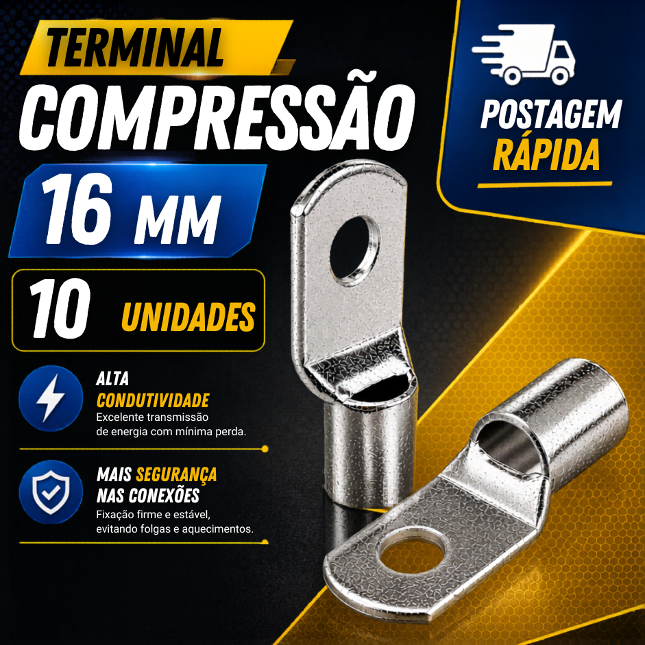 10 Terminal Compressão Olhal 16mm M8 , Argola Bateria Ponteira Conector Cabo 16mm