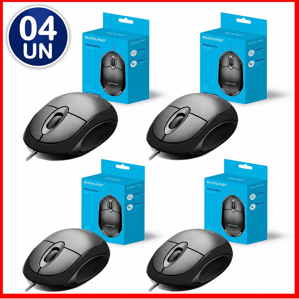 Mouse Óptico Multilaser Simples Básico USB 1200DPI Com Fio - Kit 04 unidades
