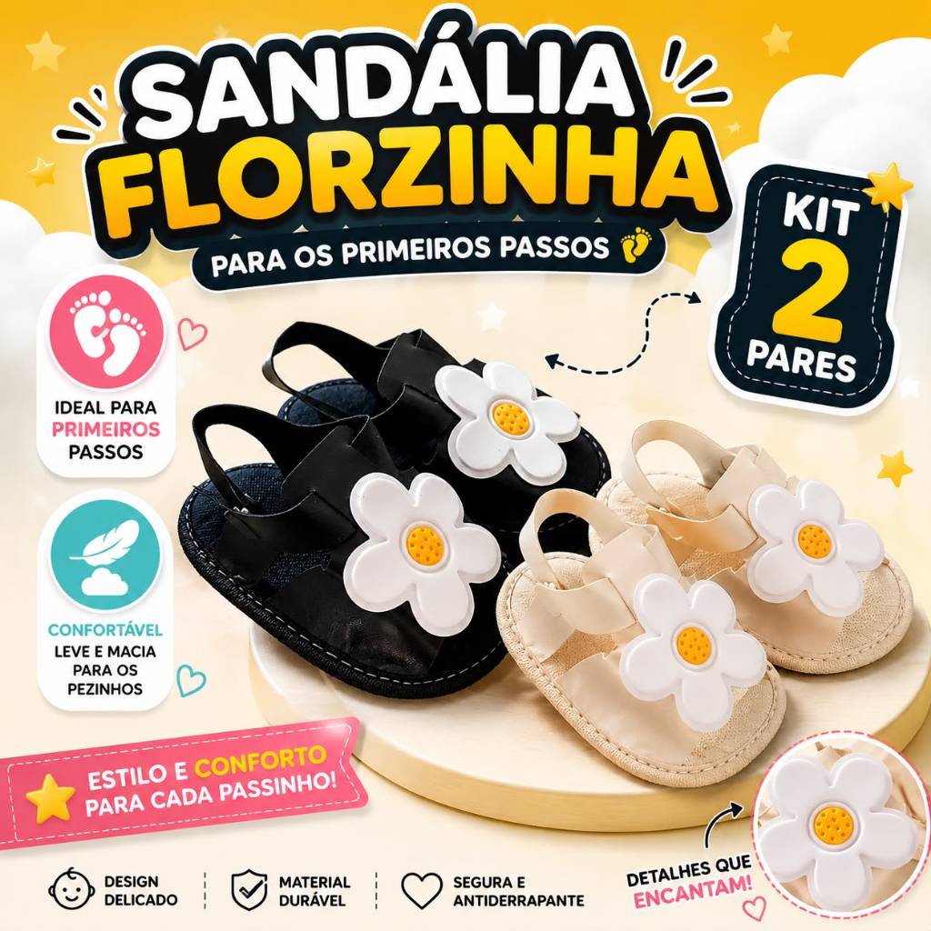 Kit 2 Pares Sandália Infantil Florzinha Menina Antiderrapante Confortável Primeiros Passos