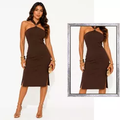 Vestido Feminino Mídi com Fenda Lateral Fivela Canelado Premium