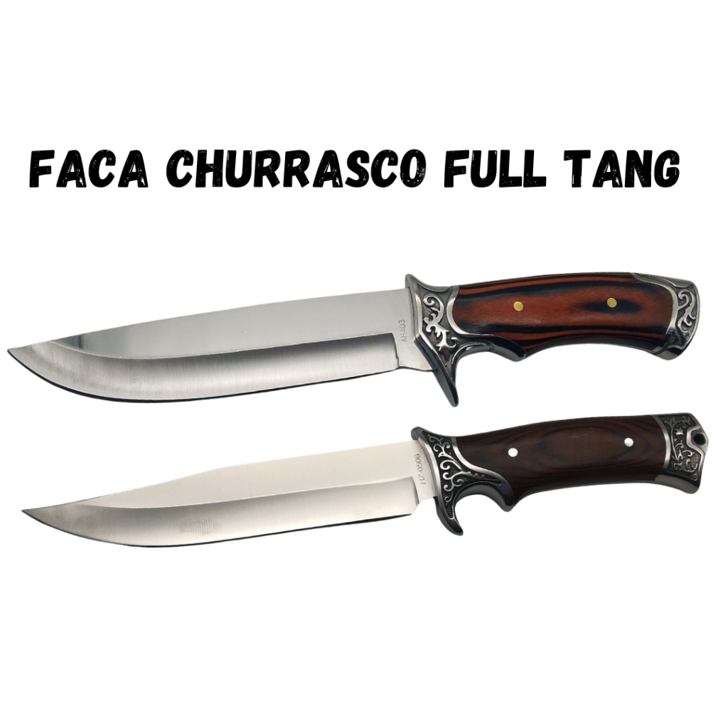 Faca Churrasco Caça e Pesca Cabo Artesanal em Madeira, Full Tang Aço Inox - 1878