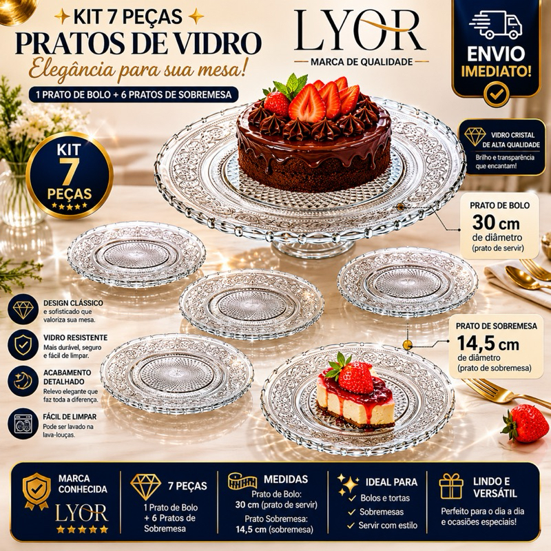 Conjunto 7 Und Prato de Bolo Vidro Kit 7 Peças para Sobremesa Vidro Lyor Cristal Vidro Grosso Angel