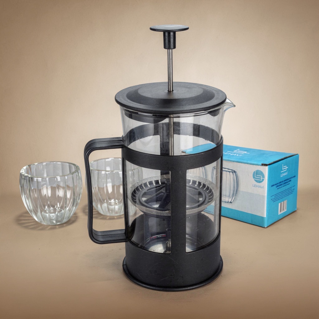 Kit Cafeteira Francesa Fratelli 300ml + Conjunto de 2 copos Café Borossilicato Linea 90ml Lehavi, Praticidade, Utilidade