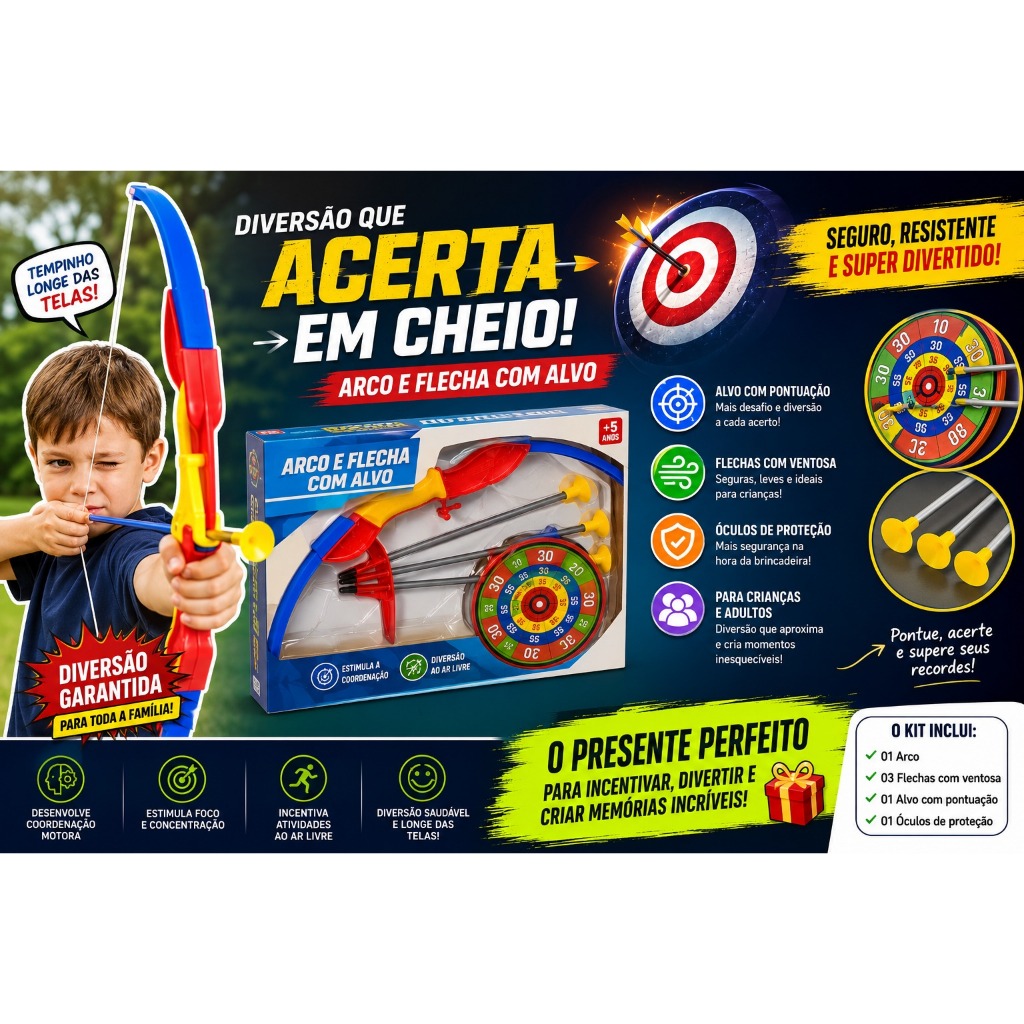 Arco e Flecha Infantil com Alvo + 3 Flechas Ventosa + Óculos Brinquedo Educativo