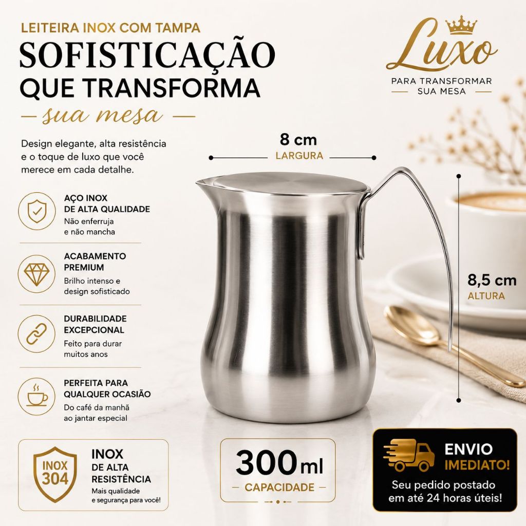 Leiteira Inox 304 com Tampa 300ml em Aço Inox – Bico Dosador e Alça Ergonômica para Cozinha Prática