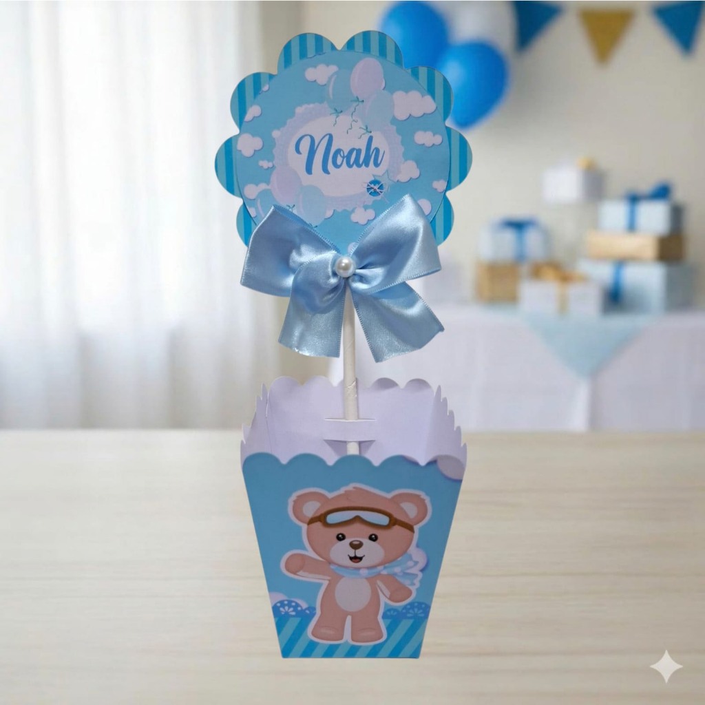 Centro de Mesa Cachepô para Festa Tema Ursinho Baloeiro Azul Caixinhas para Festa - Mimos - Lembrancinha