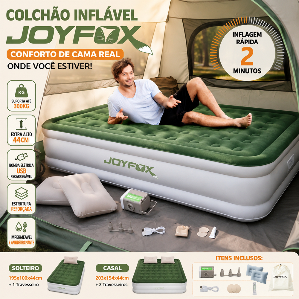 Colchão Inflável JOYFOX Solteiro/Casal Bomba USB Recarregável Extra Alto 44cm Até 300kg Camping Casa