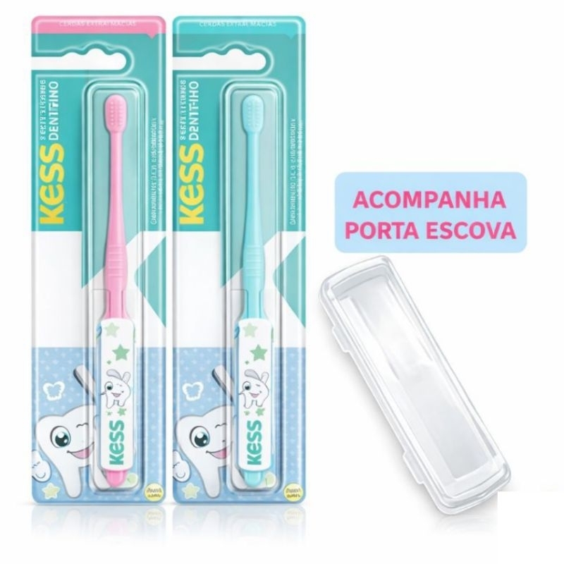 Kit 2 Escova Dental Infantil Bebê 6 a 24 meses Kess Dentinho Cerdas Extra Macia Rosa Azul