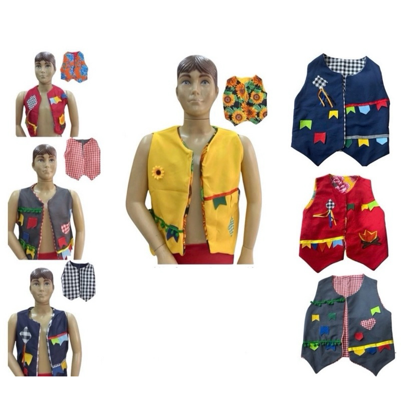 Colete Junino Infantil Dupla Face | Tecido: Tactel Com Oxford | Com Figuras Em Feltro | Tamanho: 4 Ao 10 |  São João
