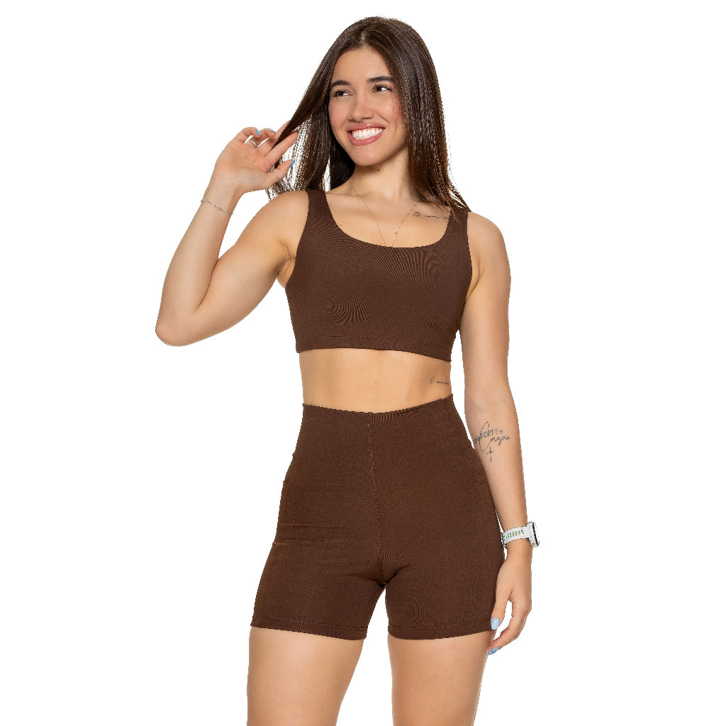 Conjunto Academia Short Bolsos Top Duplo Cós Alto Poliamida Regata Corrida Roupa de Treino Feminina