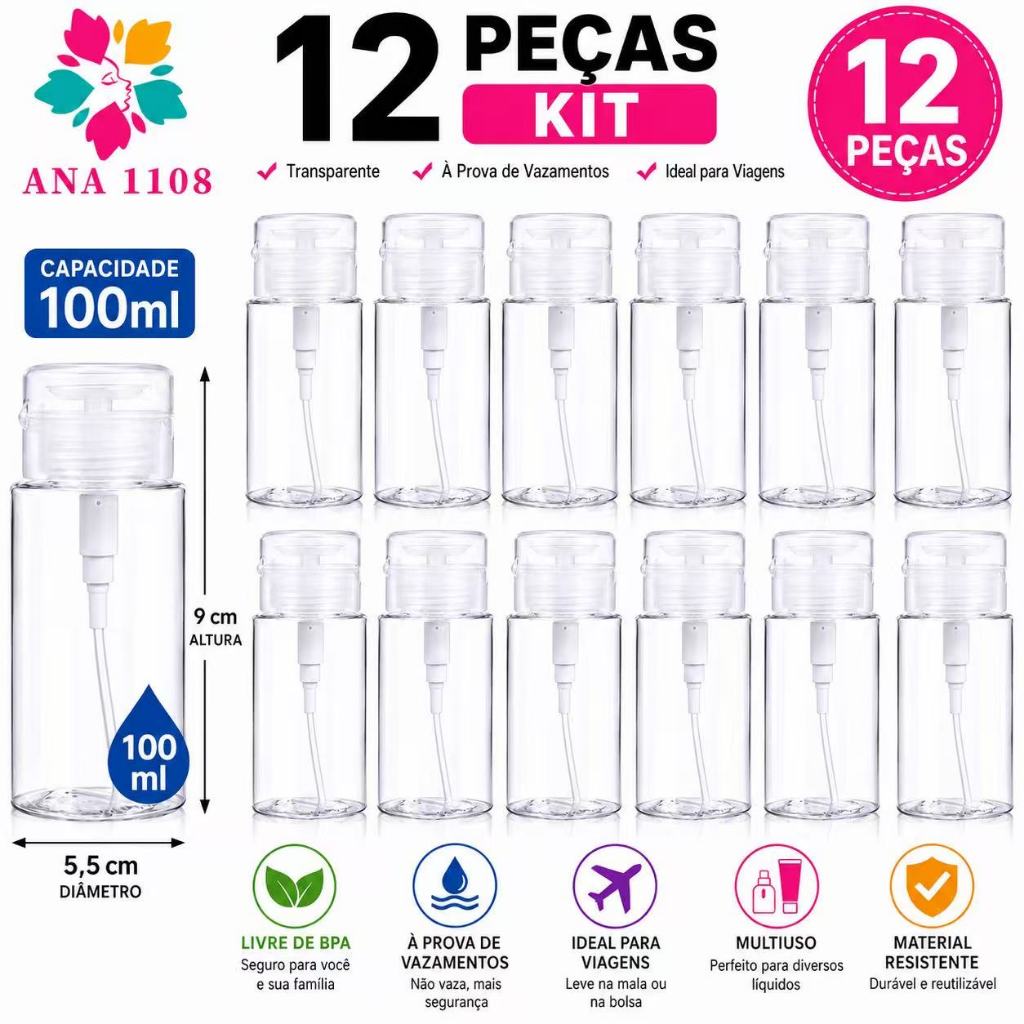 Kit12 Porta Acetona100ML De Plástico Para Manicure