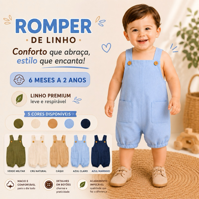 Jardineira Romper infantil menino Bebê Linho Premium Macacão  MENINO MENINA Leve Confortável