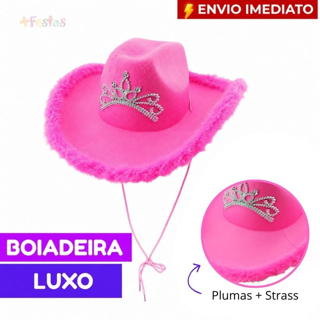 Chapéu Cowboy Rosa Modelo Luxo com Plumas e Paetê Festa Boiadeira Vaqueira
