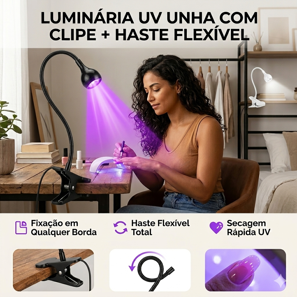 LED Luminária UV para Unhas com Clipe e Haste Flexível, Secador de Esmalte em Gel para Manicure Caseira e Profissional