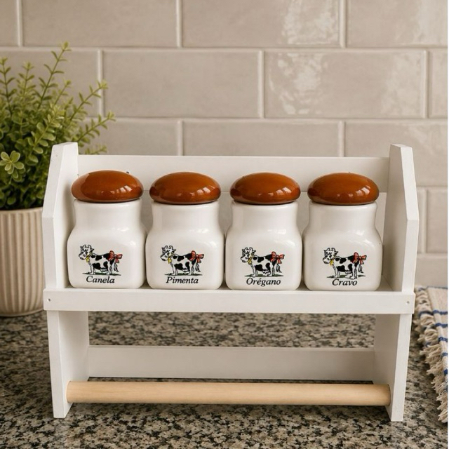 Porta Condimentos Vaquinha com 4 Potes em Cerâmica e Suporte para Cozinha