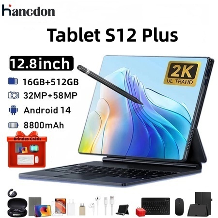【Teclado e mouse grátis】Tablet PC Hancdon Tab S12 PLUS 12.8" HD 48MP + 24MP ROM 16GB + 512GB Android 15 Bateria 10000mAh