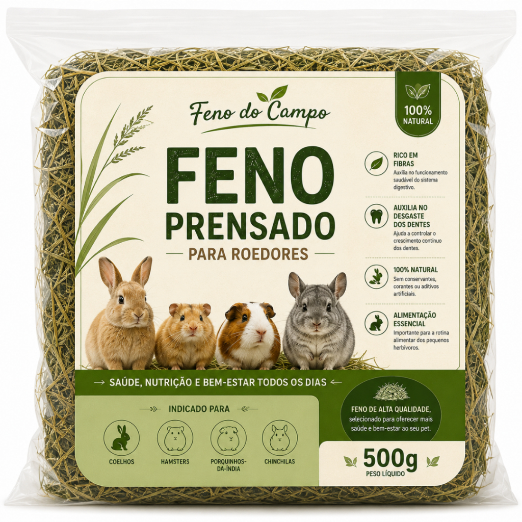 Feno Prensado Natural Premium 500g P/ Coelho Hamster Chinchila Porquinho-da-Índia Roedores