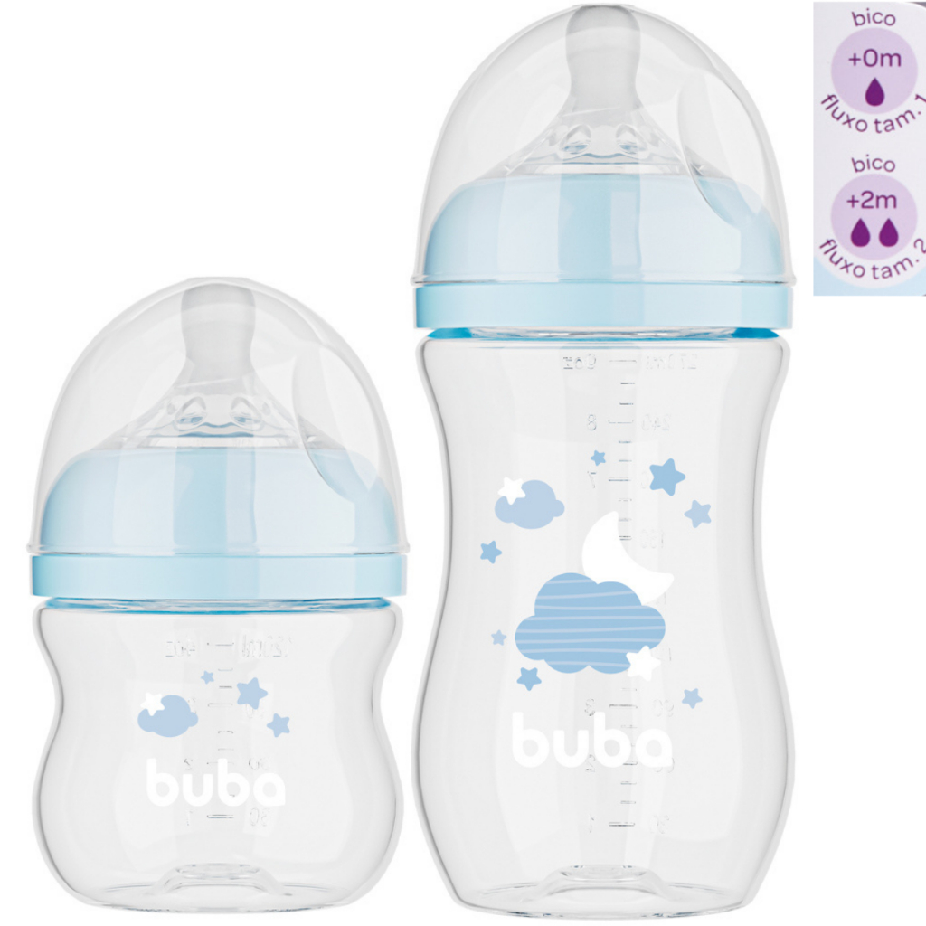 KIT 2 Mamadeiras Anticólica Buba Easy Flow Nuvem 120ml e 270ml Cor Azul