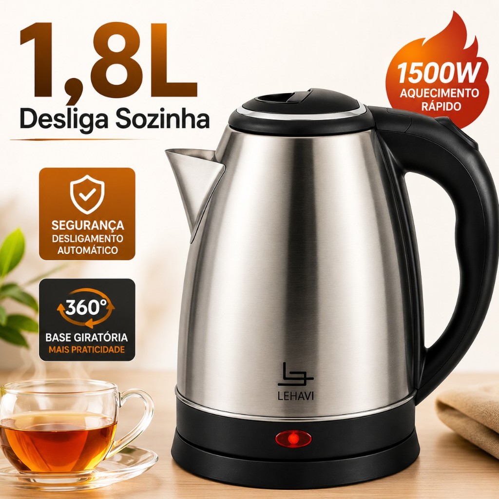 Chaleira Elétrica Inox 1,8L Base Giratória Aquecimento Rápido Desligamento Automático 220V