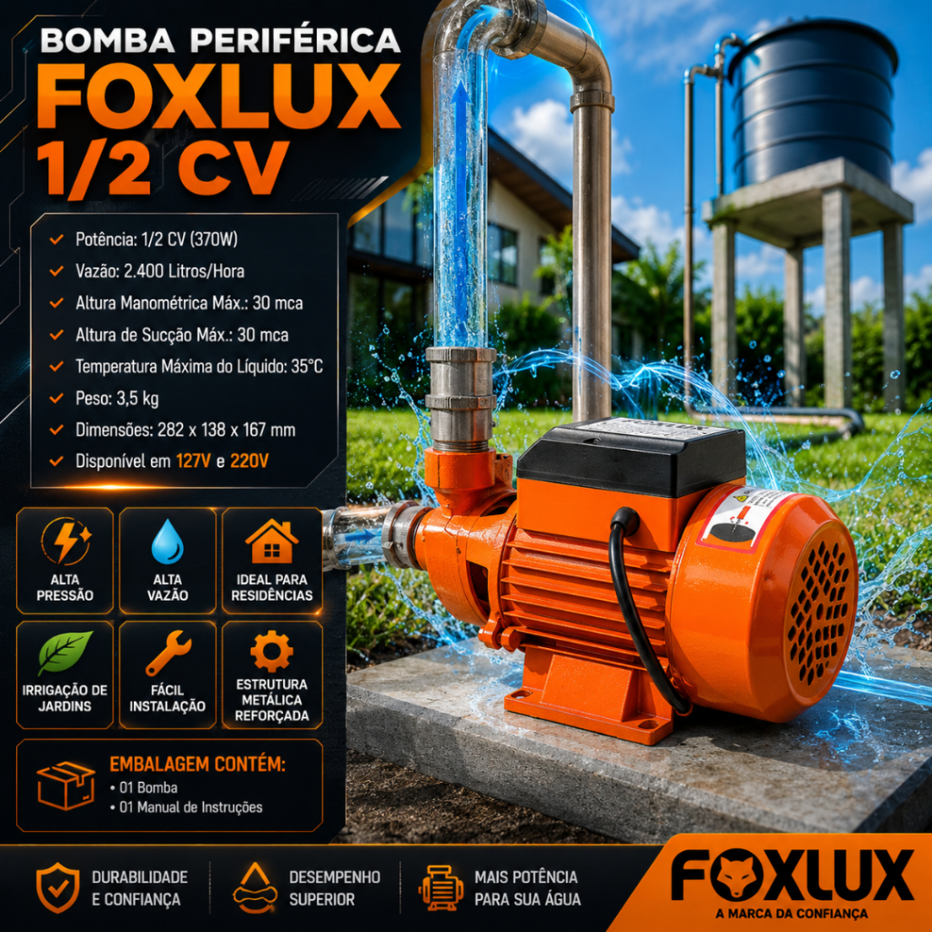 Bomba D'Água Periferica 1/2 CV Laranja Laranja Potente e Compacta FoxLux